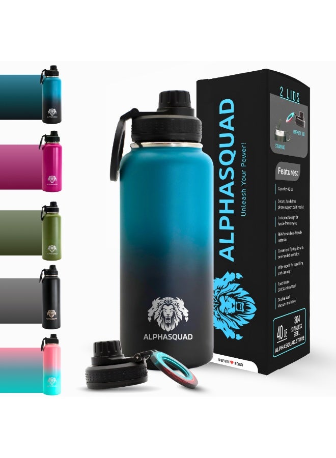 ألفاسكواد زجاجة مياه ALPHASQUAD سعة 40 أونصة / 1200 مل مع حامل هاتف مغناطيسي، زجاجات مياه من الفولاذ المقاوم للصدأ متوافقة مع حامل الهاتف وحامل ثلاثي القوائم لأجهزة iPhone، كوب معزول بجدار مزدوج مناسب للصالة الرياضية والرياضة (لون أزرق مخضر) - Image 1