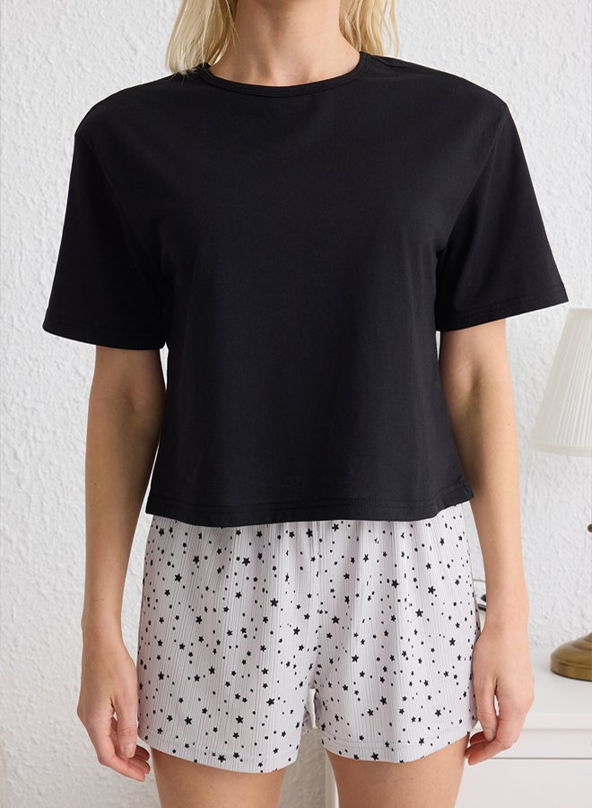 trendyol Star Pattern Black Cotton Pajamas Set with Shorts, - Image 3