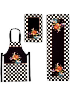 Mackenzie Checkerboard Patterned 3-Piece Kitchen Set - Runner, Oven Cover and Kitchen Apron LTD370