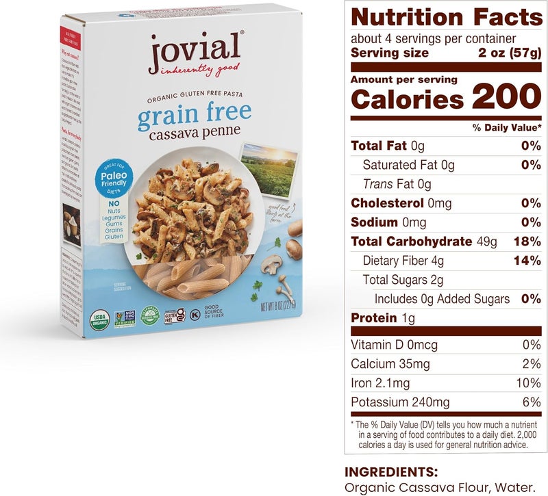 Jovial Grain-Free Cassava Penne Rigate - Organic Gluten-Free Pasta, Paleo-Friendly, Non-GMO, High-Fiber - 8 Oz, 3 Pack - Image 2