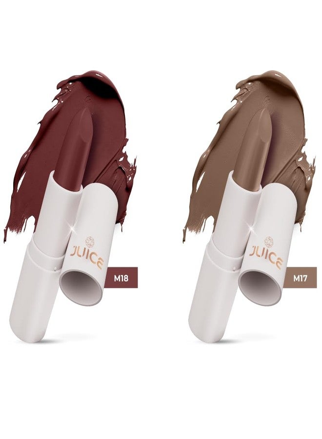 Juice Kiss Sensation Lipstick with Goodness of Bio Retinol, UV Protection & Long lasting Lipstick, Pack of 2 (Browned - M17 & Crème Brulee - M18) - Image 1