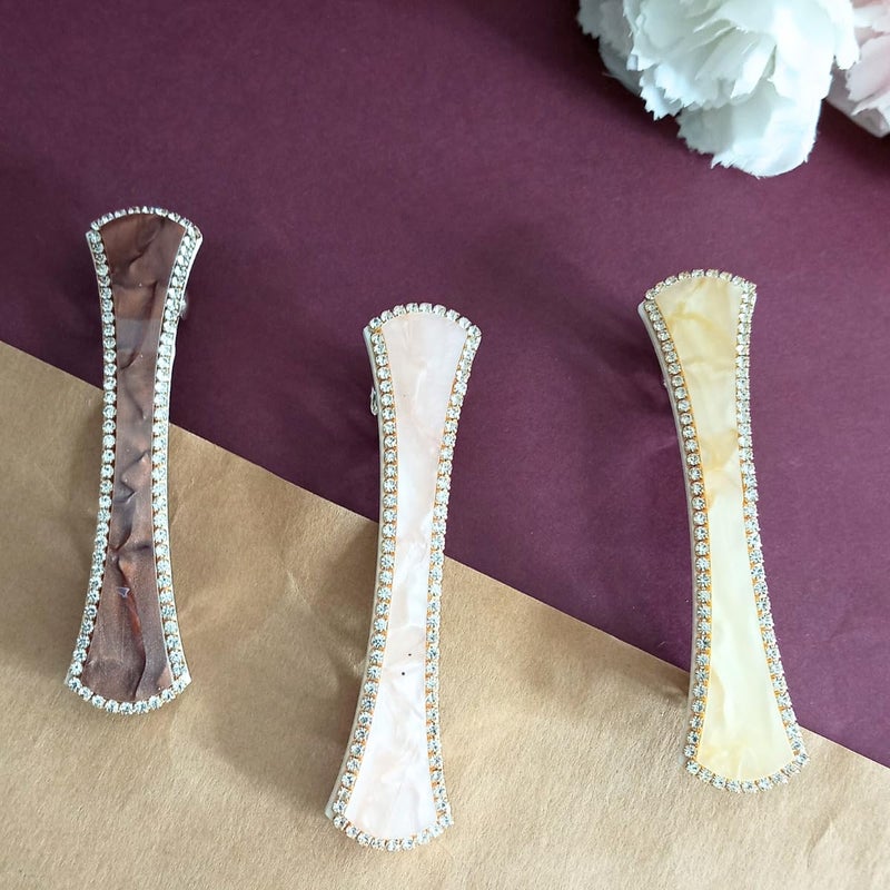 JWELLA Marble Finish Hair Clips with Rhinestone Accents, Set of 3, Elegant (Desing-3) - Image 2