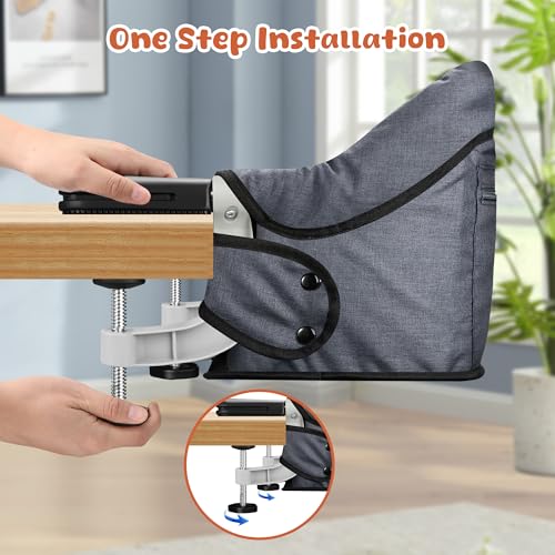 JOZZVE Hook On High Chair, Jozzve Clip on High Chair with Removable Dining Tray for Babies and Toddlers, Fold-Flat Storage Portable Baby Feeding Seat, Attach to Fast Table Chair for Home Travel (Grey) - Image 4