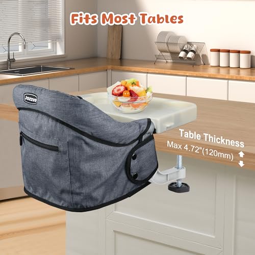 JOZZVE Hook On High Chair, Jozzve Clip on High Chair with Removable Dining Tray for Babies and Toddlers, Fold-Flat Storage Portable Baby Feeding Seat, Attach to Fast Table Chair for Home Travel (Grey) - Image 3