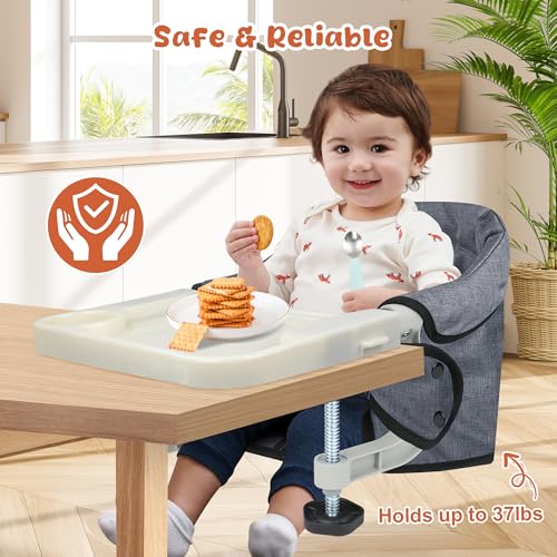 JOZZVE Hook On High Chair, Jozzve Clip on High Chair with Removable Dining Tray for Babies and Toddlers, Fold-Flat Storage Portable Baby Feeding Seat, Attach to Fast Table Chair for Home Travel (Grey) - Image 5