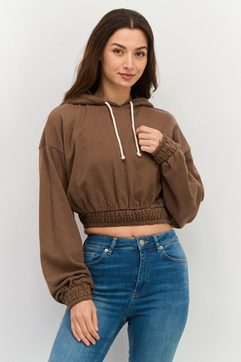 NIA Women Solid Smocked Crop Hoodie, Brown - Image 1