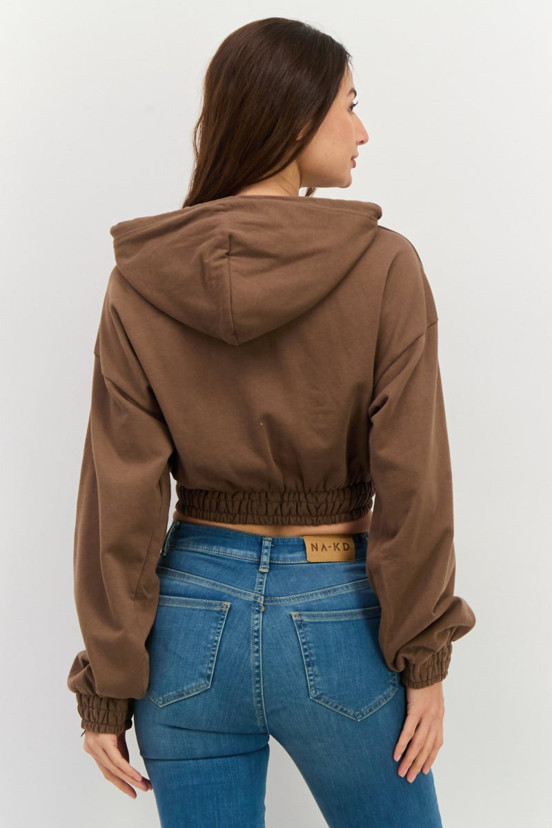 NIA Women Solid Smocked Crop Hoodie, Brown - Image 3
