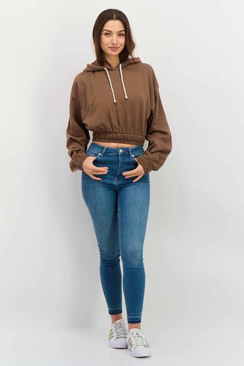 NIA Women Solid Smocked Crop Hoodie, Brown - Image 4