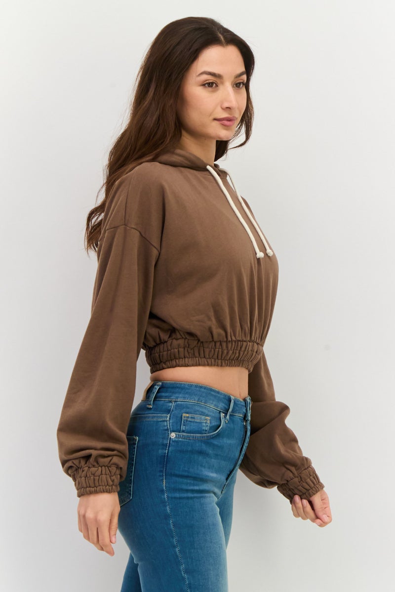 NIA Women Solid Smocked Crop Hoodie, Brown - Image 2