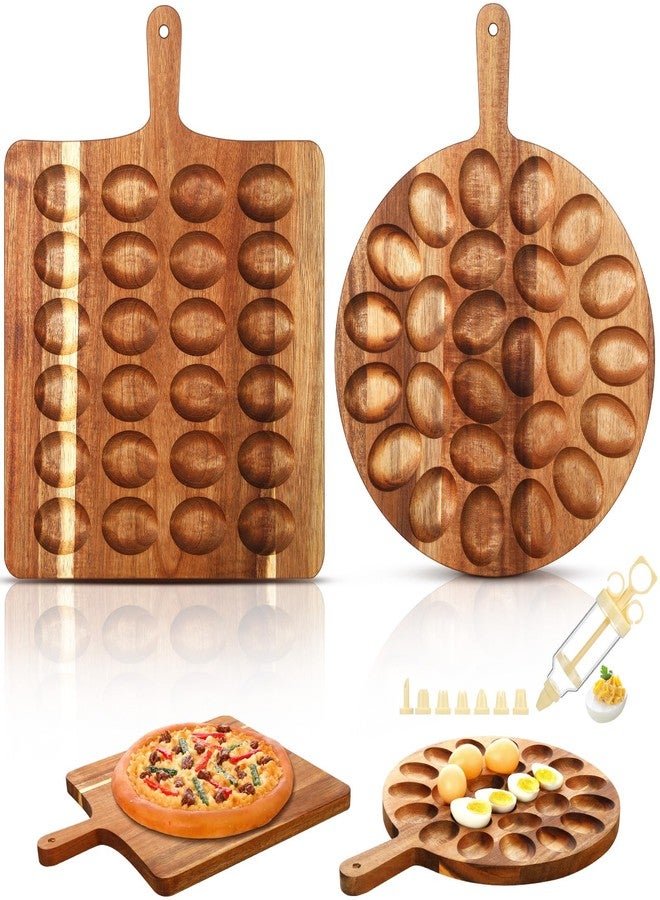 Memorywuu Wooden Deviled Egg Platter Set for 49 Eggs Round and Rectangle Trays with Deviled Egg Piping Tool Kit for Family Gathering Christmas Hosting Essentials, Acacia Wood Charcuterie Boards - Image 1
