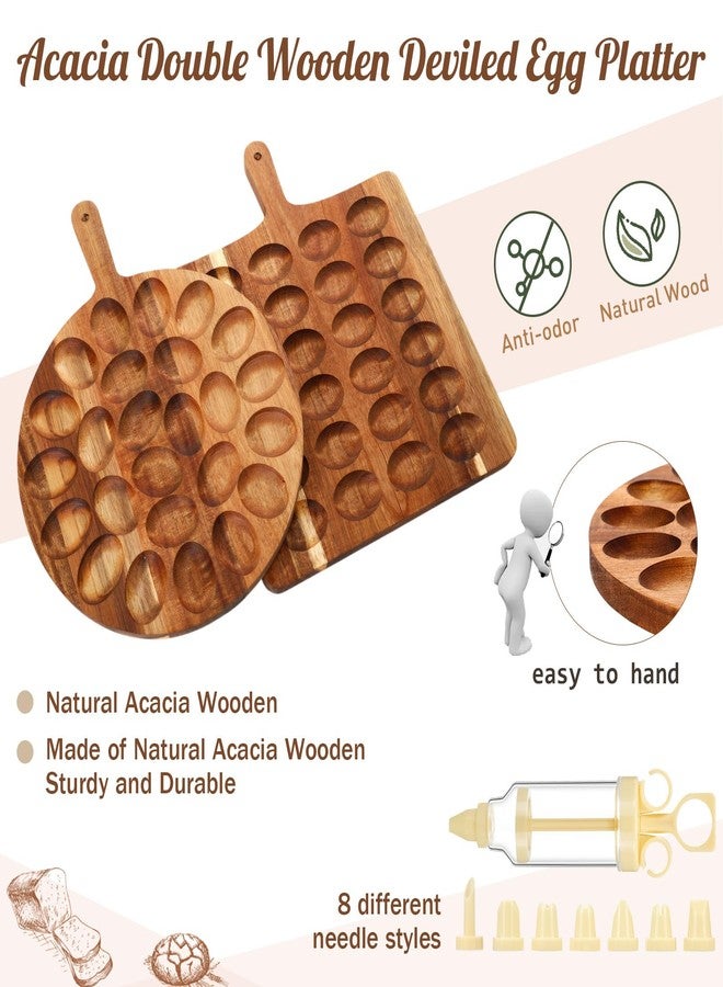 Memorywuu Wooden Deviled Egg Platter Set for 49 Eggs Round and Rectangle Trays with Deviled Egg Piping Tool Kit for Family Gathering Christmas Hosting Essentials, Acacia Wood Charcuterie Boards - Image 2