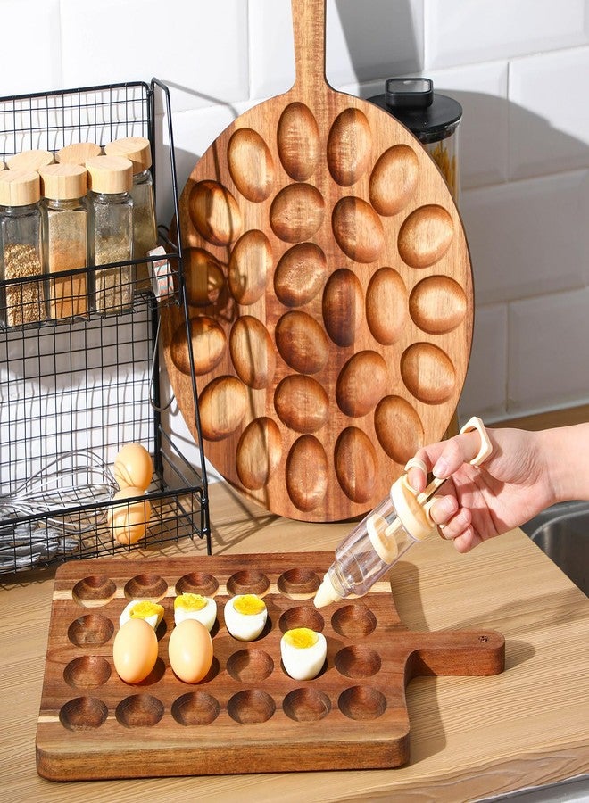 Memorywuu Wooden Deviled Egg Platter Set for 49 Eggs Round and Rectangle Trays with Deviled Egg Piping Tool Kit for Family Gathering Christmas Hosting Essentials, Acacia Wood Charcuterie Boards - Image 4
