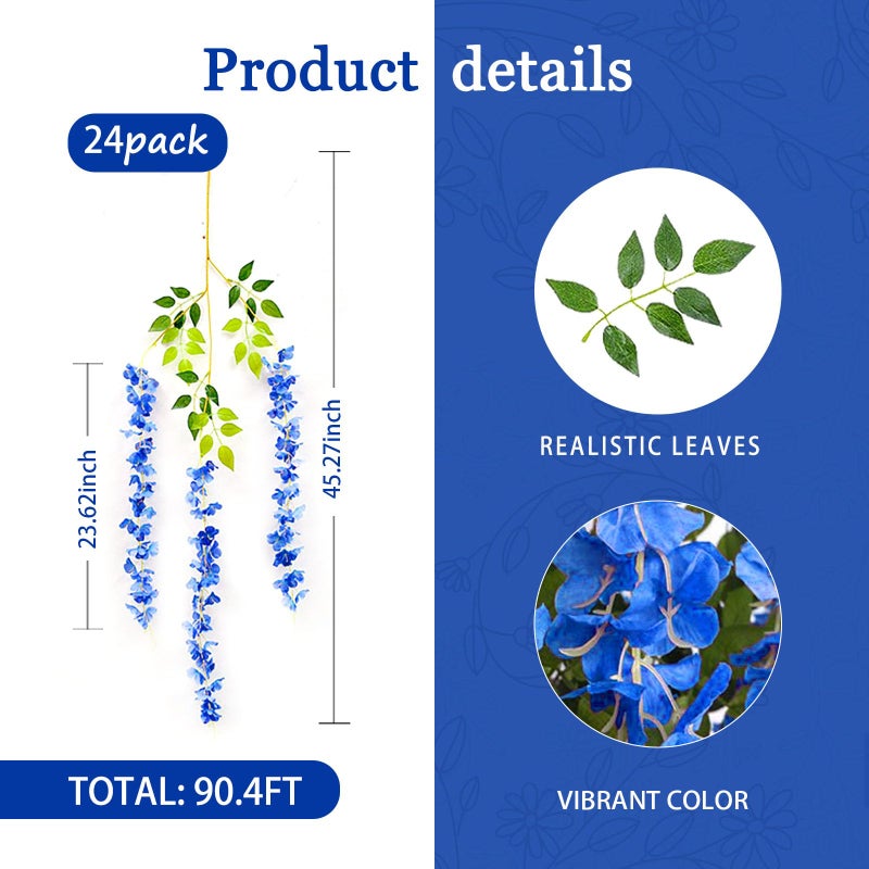 Luerbi 24 Pack Royal Blue Wisteria Hanging Flowers Garland  3.77 Feet Royal Blue Artificial Wisteria Flower Vines  Fake Royal Blue Wisteria  Royal Blue Flower Vines for Backdrop  Hanging Flower Garland Decor - Image 2