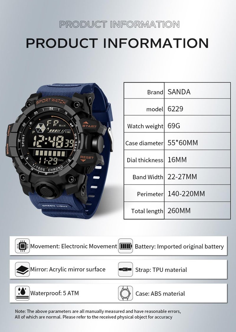 FANMIS Mens Military Multifunction Digital LED Watch Electronic Waterproof Alarm Quartz Sports Watch (Blue) - Image 5