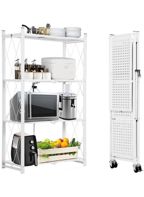 4 Tier Thickened Foldable Storage Rack with Wheels,No Assembly,Large Capacity Shelves,Heavy-Duty Metal Shelving Unit Rolling Cart for Garage, Kitchen, Basement, Pantry(White, 4-Tier)