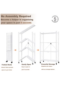 ACPLAY 4 Tier Thickened Foldable Storage Rack with Wheels,No Assembly,Large Capacity Shelves,Heavy-Duty Metal Shelving Unit Rolling Cart for Garage, Kitchen, Basement, Pantry(White, 4-Tier)  - Image 4