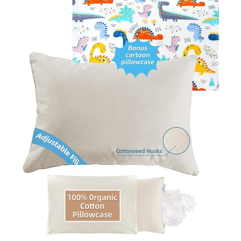 LOFE Organic Plilow with Cartoon Pillowcase - 16x22 Kids Pillow with 100% Organic Cotton Shell, Adjustable Organic Youth Pillow, Machine Washable, Soft,for Kids&Youth&Children (Dinosaur) - Image 1