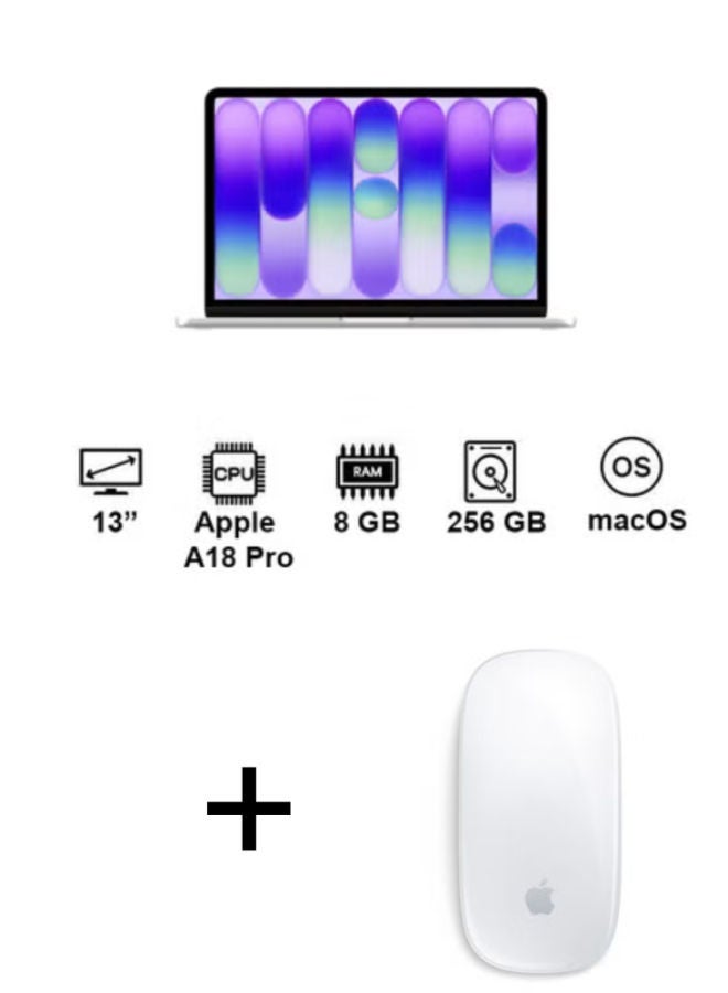 ابل  لابتوب ماك بوك نيو MHFA4AB/A بشاشة 13 بوصة بدقة 2K ومعالج A18 Pro سداسي النواة ومعالج رسومات خماسي النواة وذاكرة وصول عشوائي 8 جيجابايت وقرص SSD بسعة 256 جيجابايت وبطاقة رسومات مدمجة ولوحة مفاتيح إنجليزية/عربية مع ماوس أبل ماجيك ماوس (منفذ USB-C) - سطح أبيض متعدد اللمس (2024) - متوفر في المخزون الرسمي الإنجليزية/العربية silver - Image 1