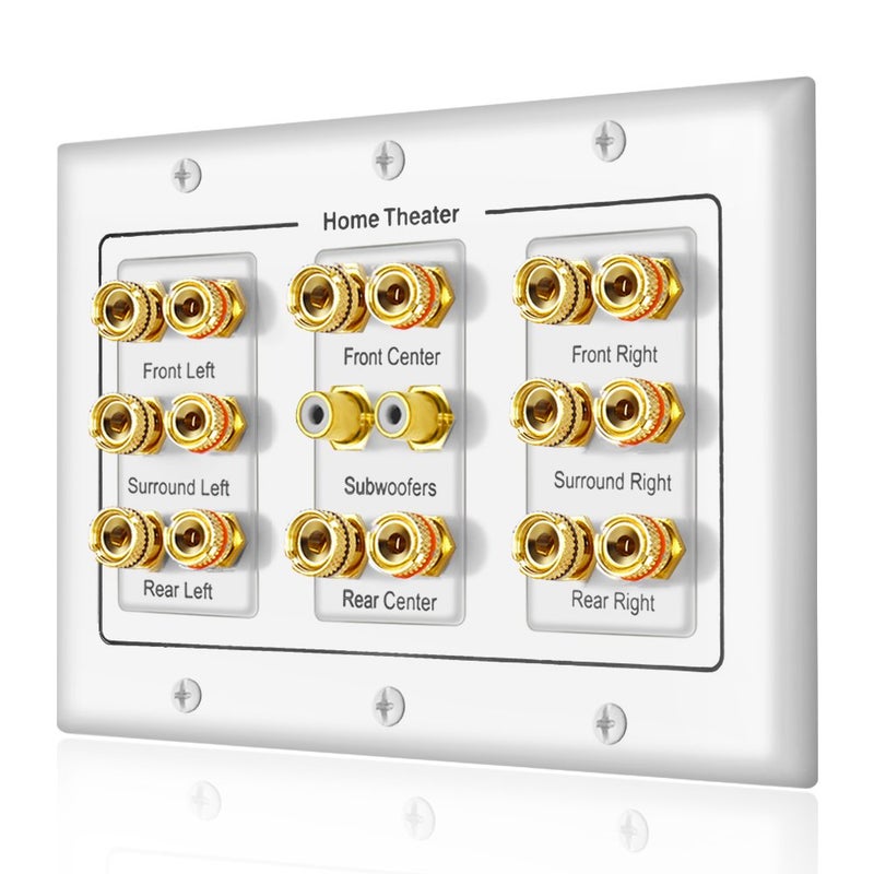 ICESPRING 5 6 7.1/7.2 or 8.1/8.2 One or Two Subwoofer Compatible 16 Banana Post and 2 RCA Speaker Wall Plate for Home Theater Audio - Image 1