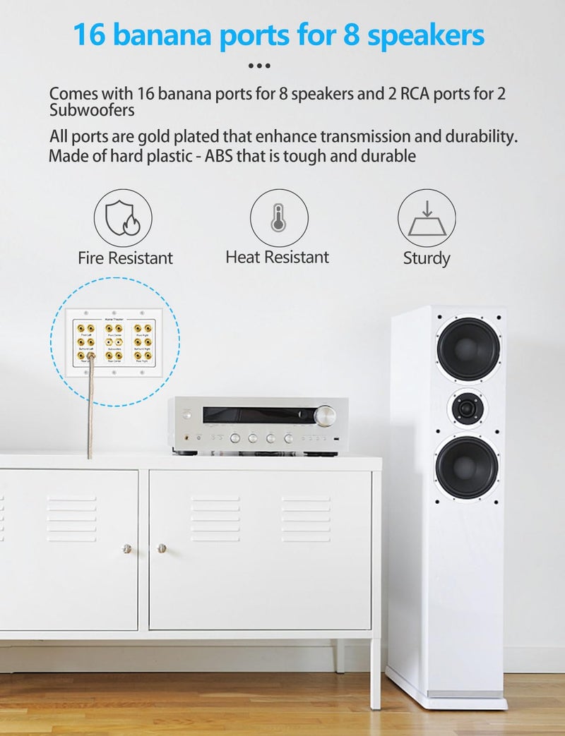 ICESPRING 5 6 7.1/7.2 or 8.1/8.2 One or Two Subwoofer Compatible 16 Banana Post and 2 RCA Speaker Wall Plate for Home Theater Audio - Image 5