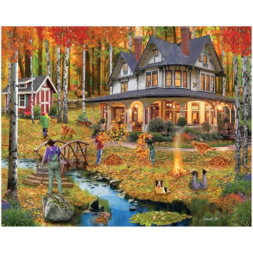 White Mountain 1000 Piece Jigsaw Puzzle Fall House Puzzles with Large Pieces Gift for Adults and Family 24x30 Autumn Leaves - Image 1