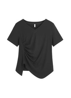 Summer Chubby Girls Plus Size Women's Clothing Niche Design Sense V-neck Short-sleeved Top Shrink Slimming Irregular T-shirt 62370