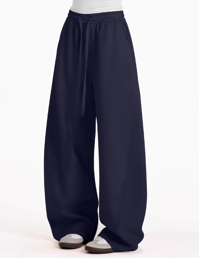 FACDIBY Women's Fleece Lined Barrel Sweatpants Baggy Casual Wide Leg Pants Drawstring Athletic High Waisted Lounge Sweats with Pockets Navy Blue XS - Image 3