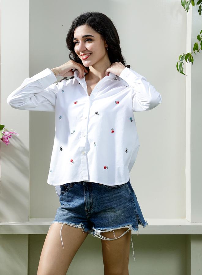 Athena White Floral Embroidered Long Sleeve Shirt - Image 3