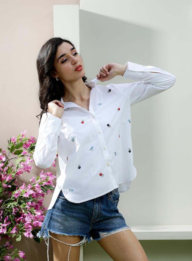 Athena White Floral Embroidered Long Sleeve Shirt - Image 4