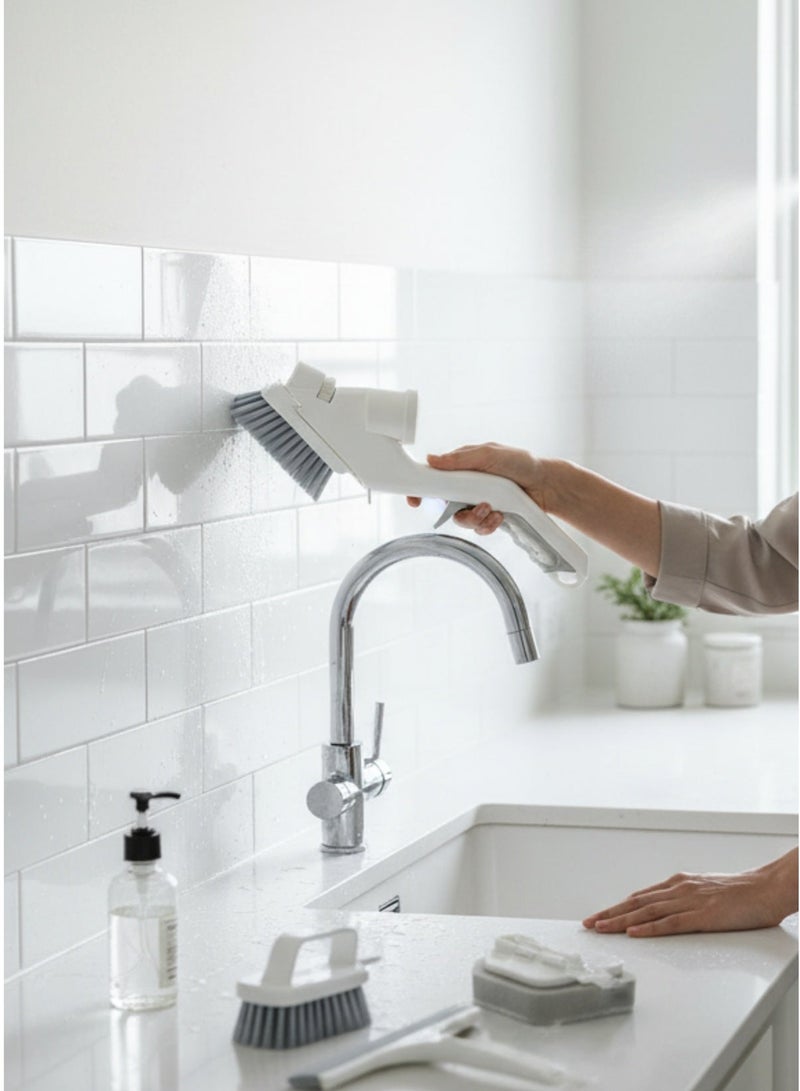 Multi-use 5-Piece Kitchen and Home Cleaning Brush Set, Water Spray Brush and Soap Dispenser with Interchangeable Heads for Powders, Glass, and Sink - White & Gray - Image 5