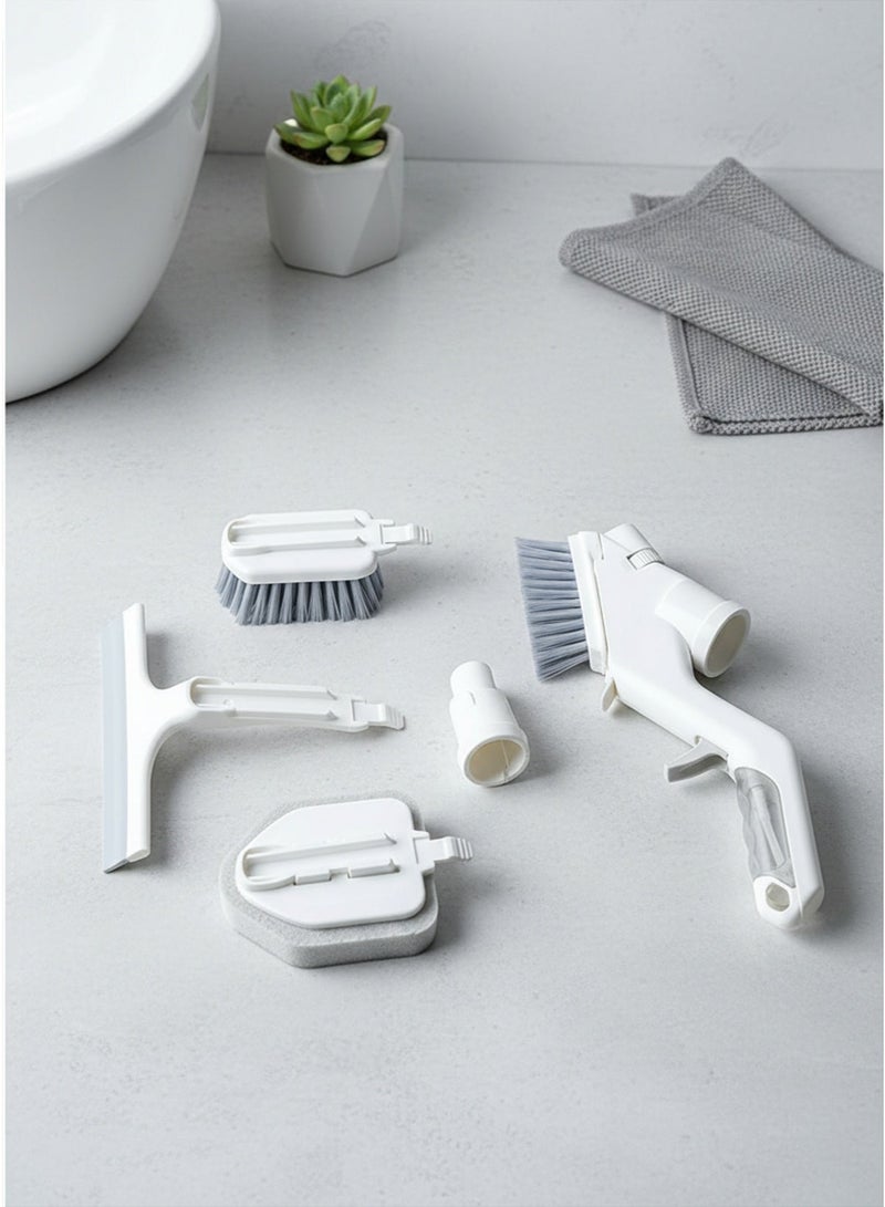 Multi-use 5-Piece Kitchen and Home Cleaning Brush Set, Water Spray Brush and Soap Dispenser with Interchangeable Heads for Powders, Glass, and Sink - White & Gray - Image 2