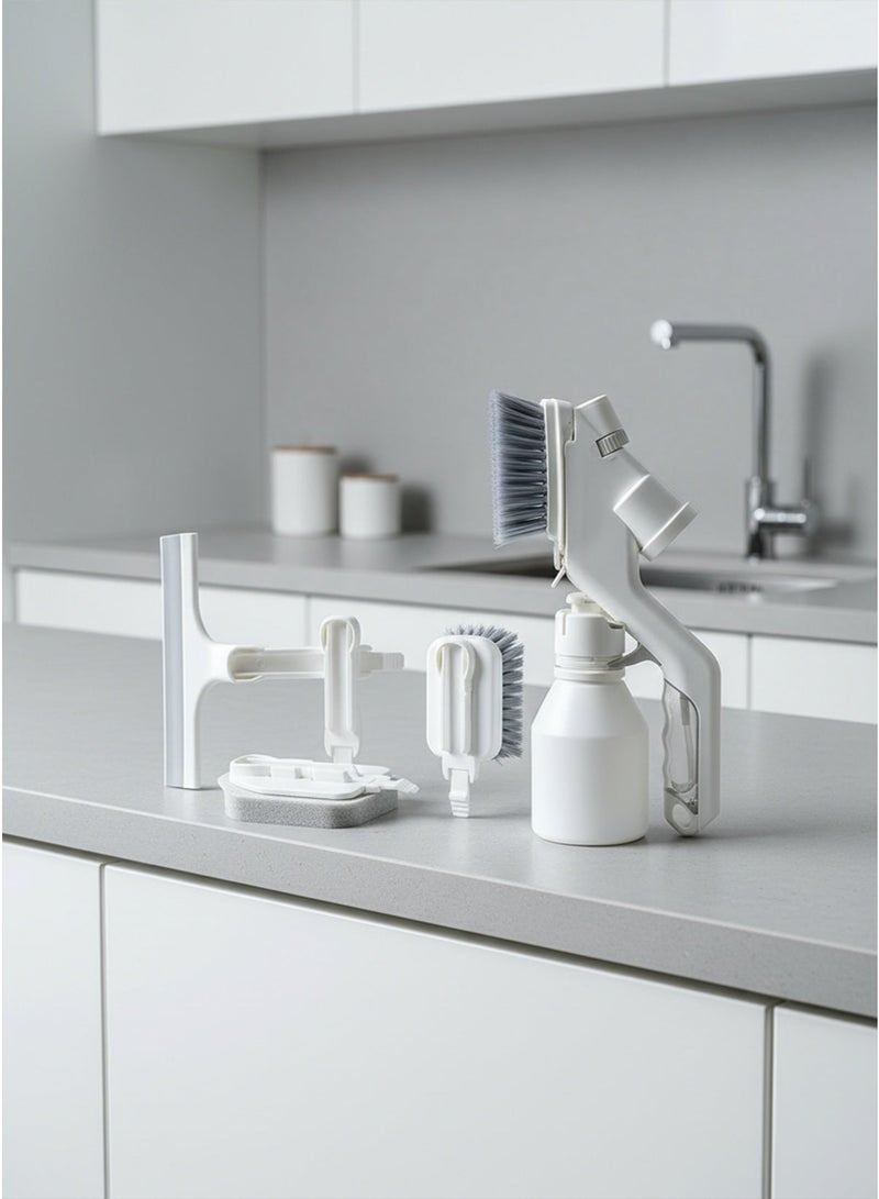 Multi-use 5-Piece Kitchen and Home Cleaning Brush Set, Water Spray Brush and Soap Dispenser with Interchangeable Heads for Powders, Glass, and Sink - White & Gray - Image 4