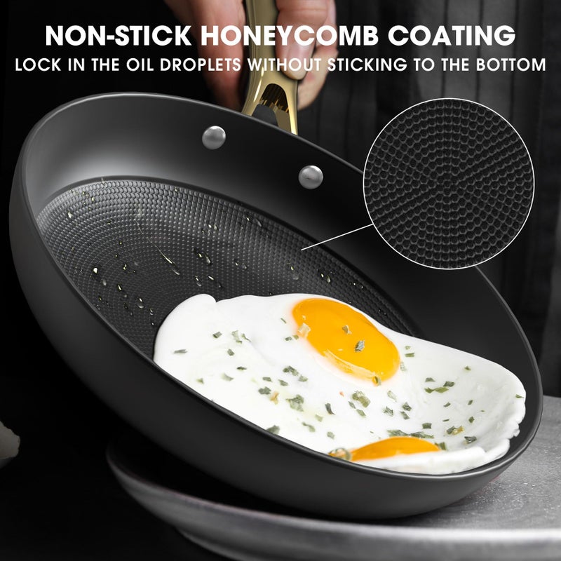 imarku Non Stick Frying Pans, 10 & 12 Inch Cast Iron Skillets with Lids, Frying Pan Set with Honeycomb Texture, Oven Safe & Induction Available, Ideal Kitchen Gift for Home Cooks - Image 2
