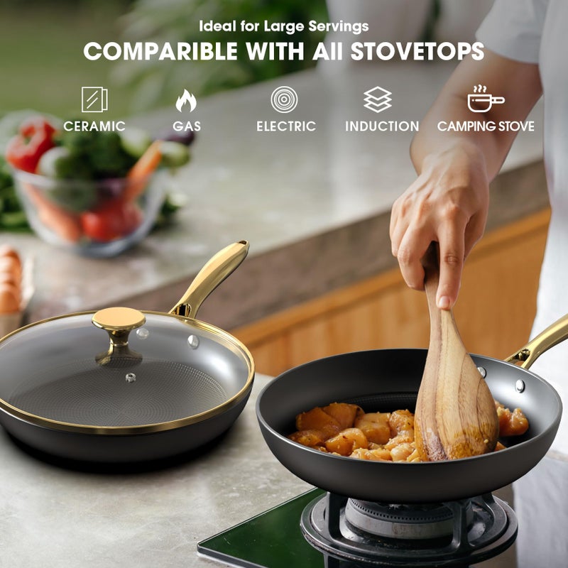 imarku Non Stick Frying Pans, 10 & 12 Inch Cast Iron Skillets with Lids, Frying Pan Set with Honeycomb Texture, Oven Safe & Induction Available, Ideal Kitchen Gift for Home Cooks - Image 4