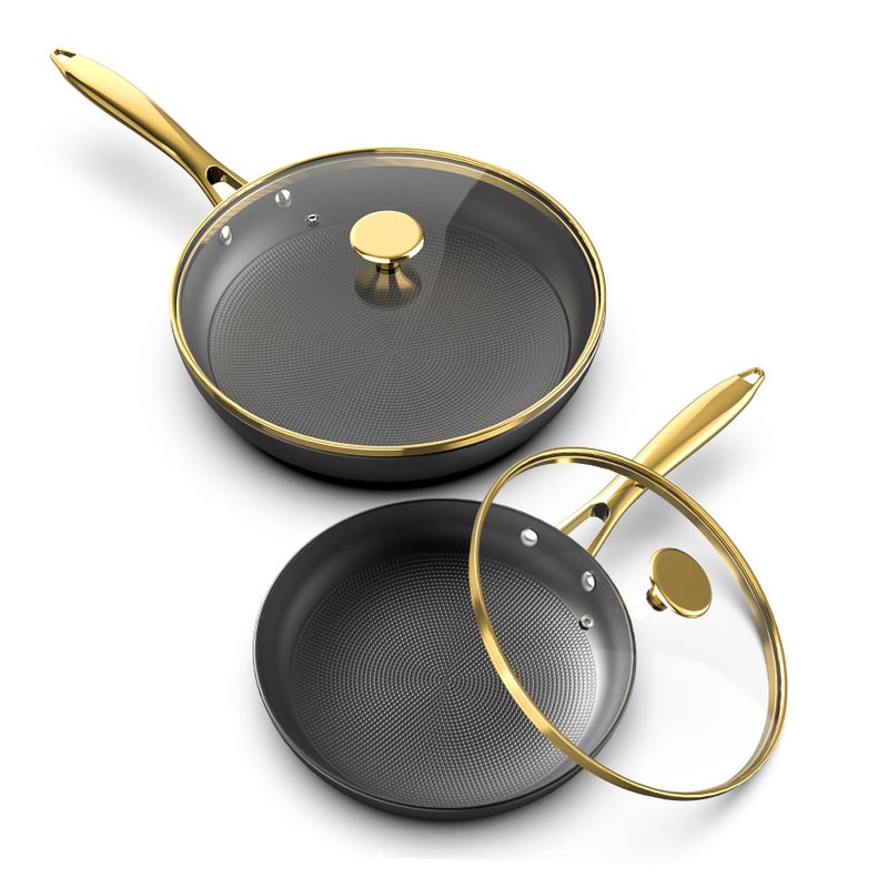 imarku Non Stick Frying Pans, 10 & 12 Inch Cast Iron Skillets with Lids, Frying Pan Set with Honeycomb Texture, Oven Safe & Induction Available, Ideal Kitchen Gift for Home Cooks - Image 1