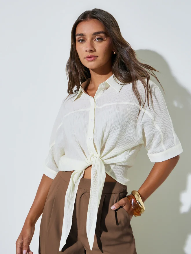 Styli Styli Off White Textured Tie-Hem Shirt