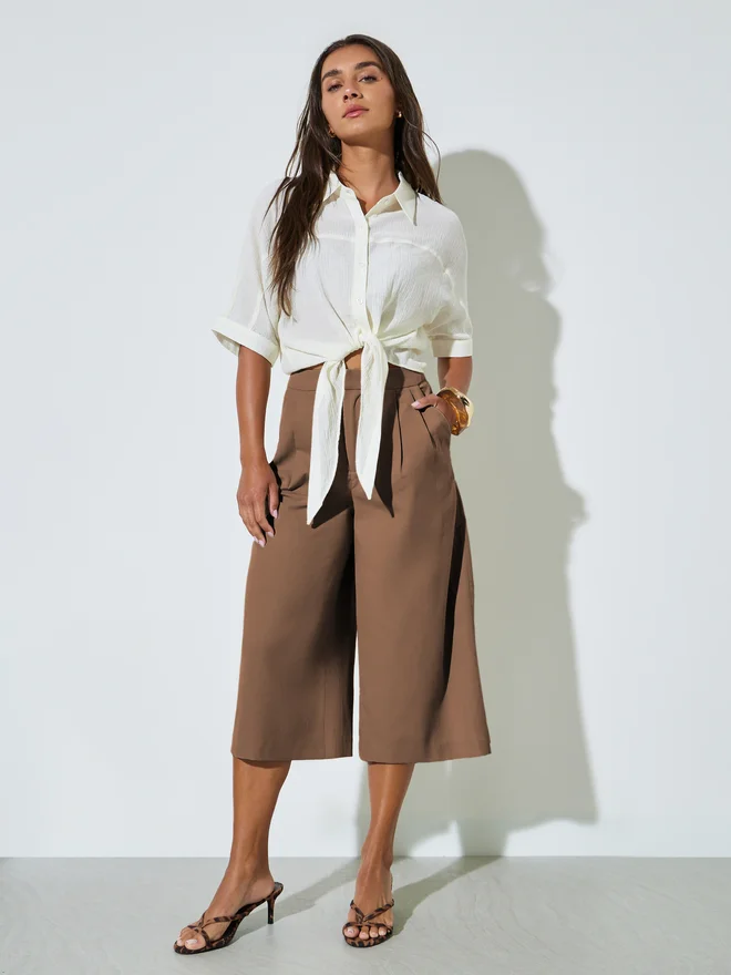 Styli Styli Off White Textured Tie-Hem Shirt