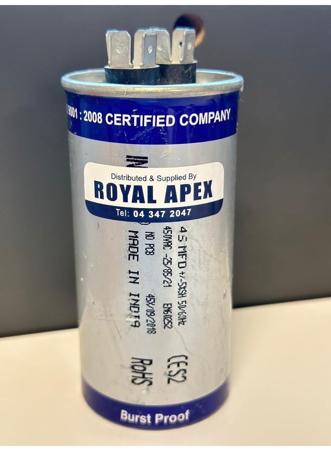Royal Apex Burst Proof 2 Pin Round Capacitor With Aluminium Housing For Ac Motor Compressor Etc En60252 Ces2 Rohs Standards Made In India 2 Pin 45Mfd 45‚µf - Image 1