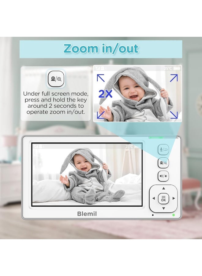 Blemil Baby Monitor, 4.3 Inch IPS Split-Screen Monitor with 29-Hour Battery, Pan/Tilt/Zoom Video Baby Monitor with 2 Cameras and Audio, No WiFi, 2 x Zoom - Image 5
