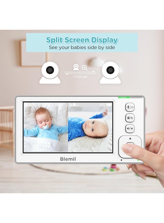 Blemil Baby Monitor, 4.3 Inch IPS Split-Screen Monitor with 29-Hour Battery, Pan/Tilt/Zoom Video Baby Monitor with 2 Cameras and Audio, No WiFi, 2 x Zoom - Image 2