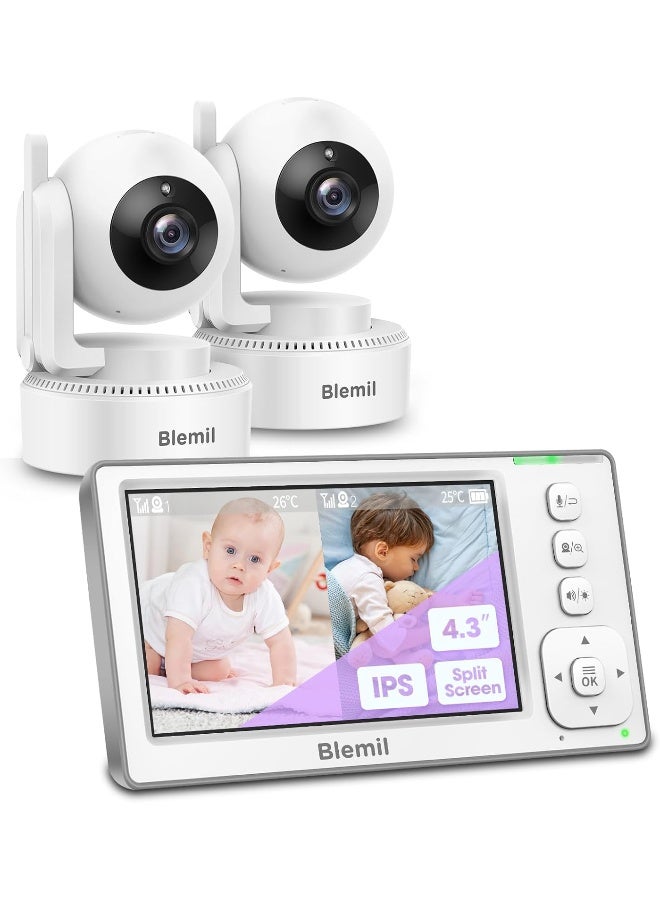 Blemil Baby Monitor, 4.3 Inch IPS Split-Screen Monitor with 29-Hour Battery, Pan/Tilt/Zoom Video Baby Monitor with 2 Cameras and Audio, No WiFi, 2 x Zoom - Image 1