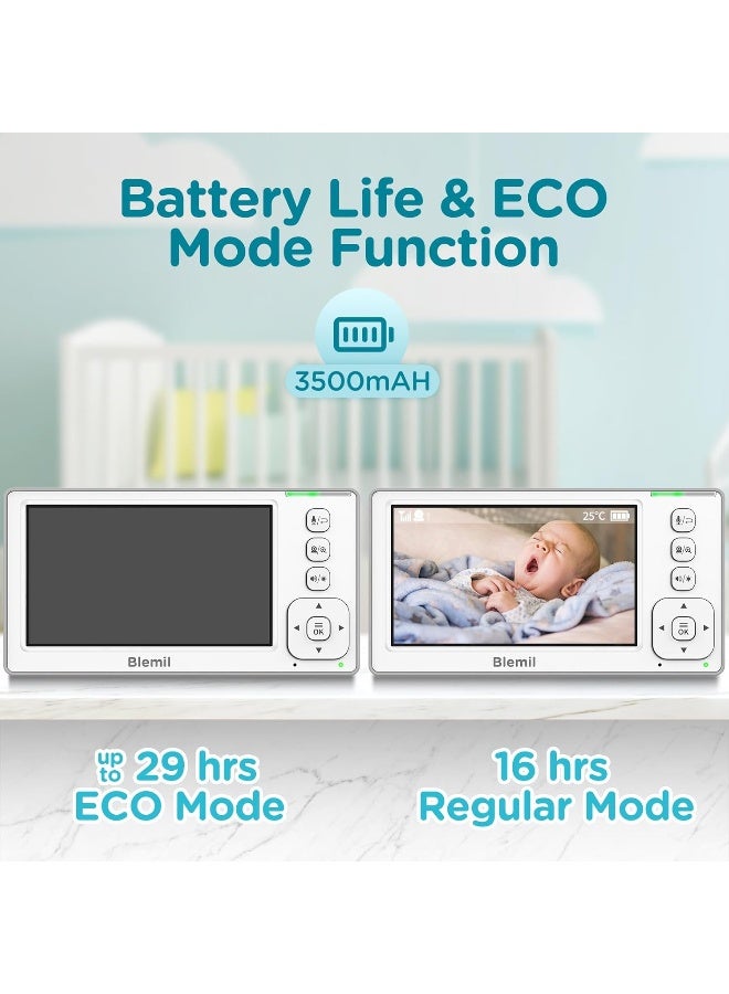 Blemil Baby Monitor, 4.3 Inch IPS Split-Screen Monitor with 29-Hour Battery, Pan/Tilt/Zoom Video Baby Monitor with 2 Cameras and Audio, No WiFi, 2 x Zoom - Image 3