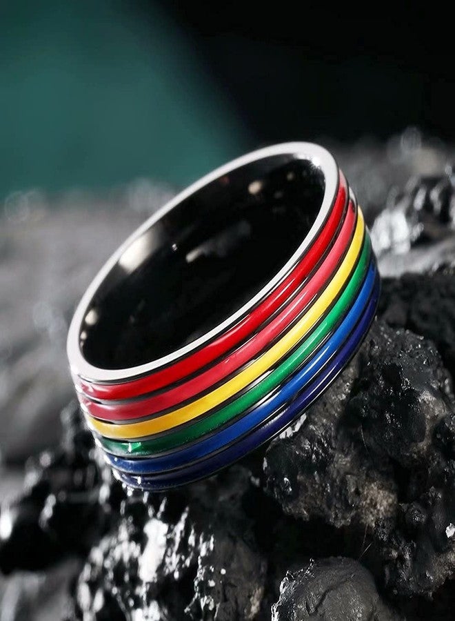 King Will 8mm Rainbow Stainless Steel Ring Pride Ring Wedding Ring for Men Women(11) - Image 3