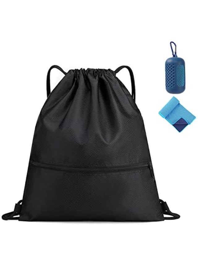 Drawstring Backpack Bag ALLNEWELOOK with Cooling Towel, Waterproof Draw String Back Sack with Zip Pocket Gym String Bags for Men Women, Machine Washable