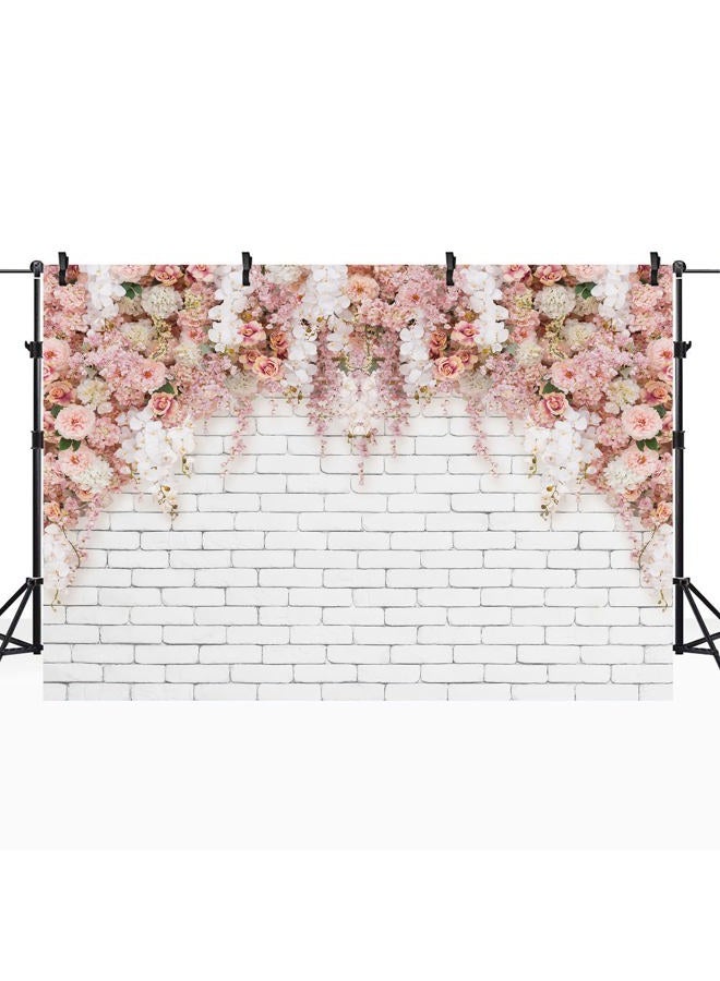Riyidecor Wedding Flower Wall Backdrop Polyester Fabric Pink Bridal Shower Brick Floral Blossom Romantic Rose Plant Elegant 7Wx5H Feet Women Girls Photography Background Wedding Photo Studio Shoot - Image 2