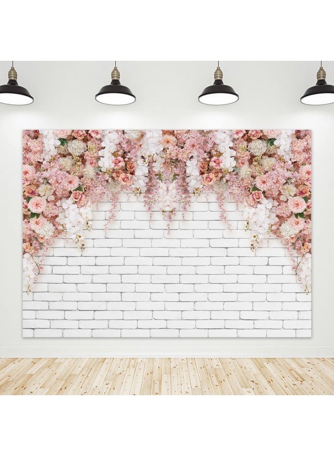 Riyidecor Wedding Flower Wall Backdrop Polyester Fabric Pink Bridal Shower Brick Floral Blossom Romantic Rose Plant Elegant 7Wx5H Feet Women Girls Photography Background Wedding Photo Studio Shoot - Image 1
