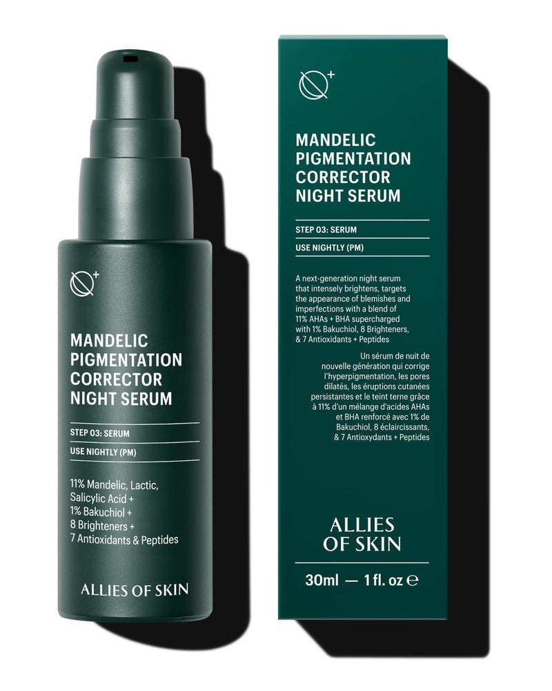 Allies of Skin Mandelic Pigmentation Corrector Night Serum  Gentle Acne Face Serum with Bakuchiol Niacinamide  Salicylic Acid  AntiAging Formula to Reduce Pores and Even Skin Tone 1 oz