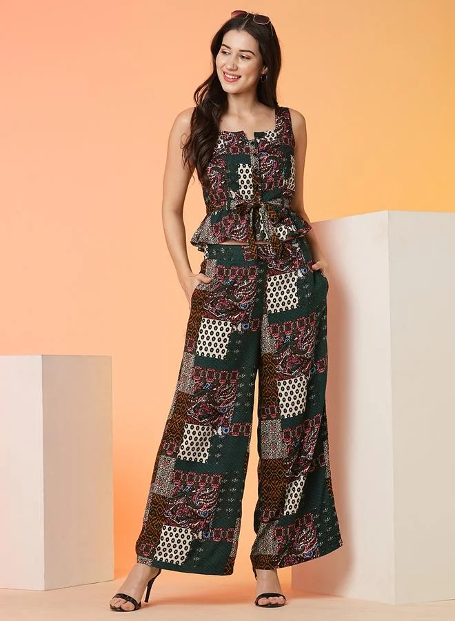 globus Waist Tie-Up Peplum Crop Top and Palazzos Co-Ords