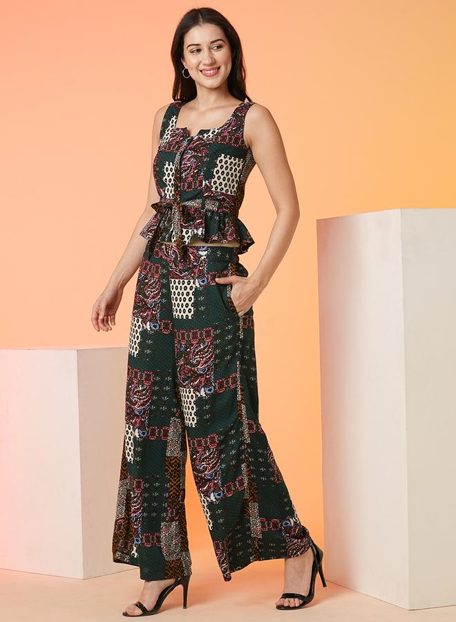 globus Waist Tie-Up Peplum Crop Top and Palazzos Co-Ords - Image 2