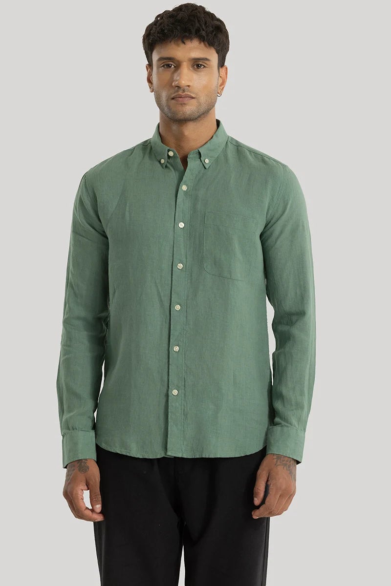 SNITCH Elementary Green Plain 100% Linen Shirt - Image 1